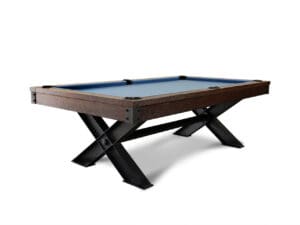 Modern pool table with blue felt top.