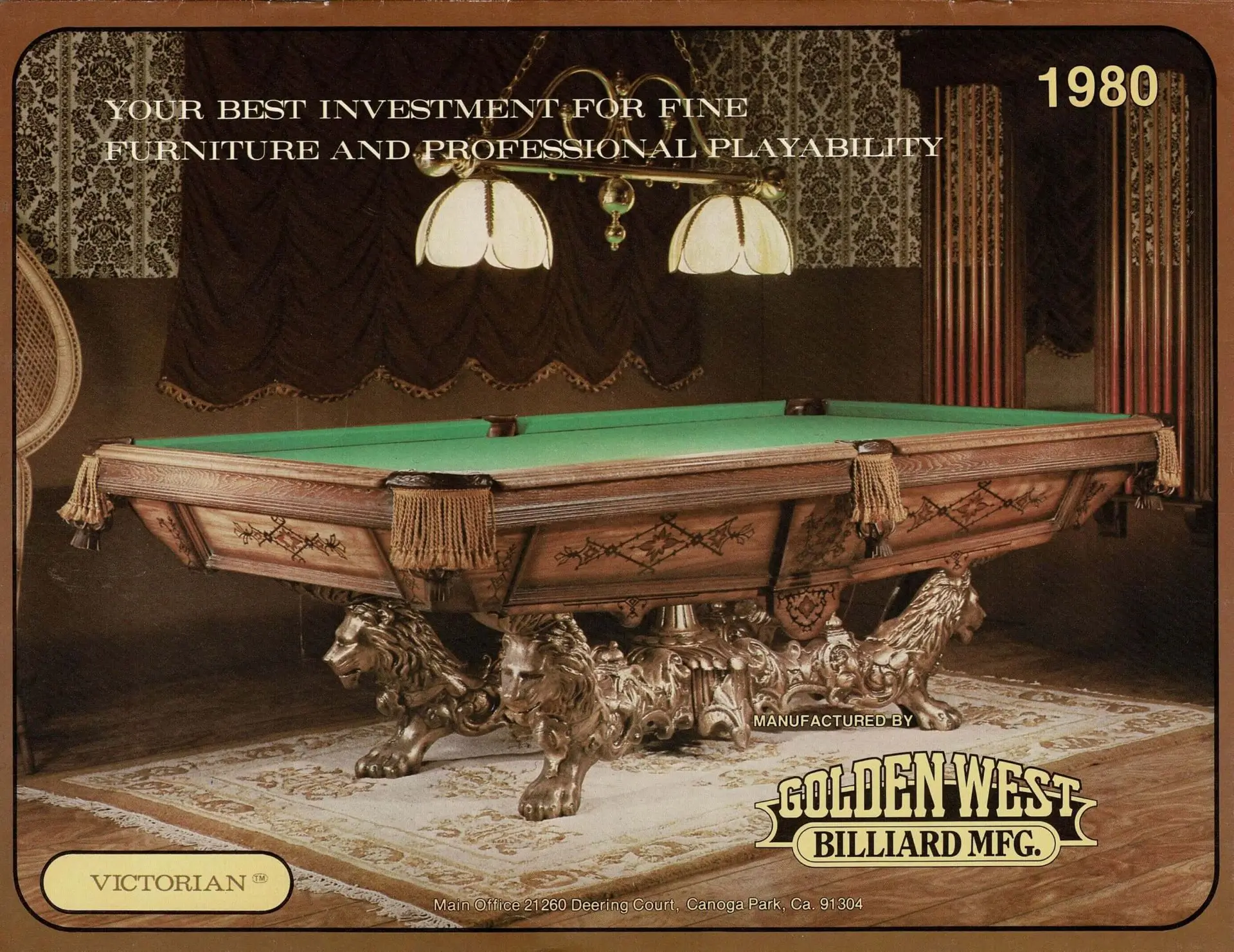 Vintage billiards room with ornate pool table and classic lighting.